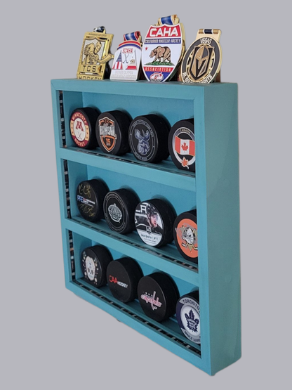 Premium Handcrafted - Hockey Puck Display Case with Medal Display, Standard Size (12 Puck)