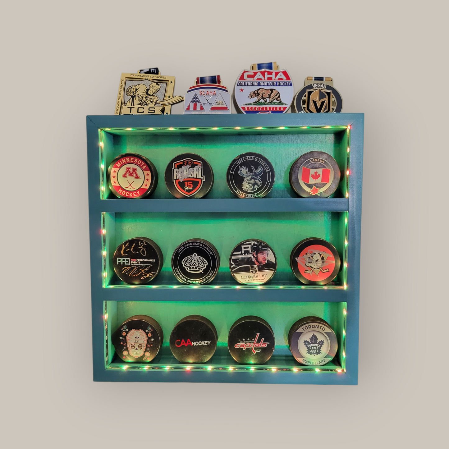 Premium Handcrafted - Hockey Puck Display Case with Medal Display, Standard Size (12 Puck)