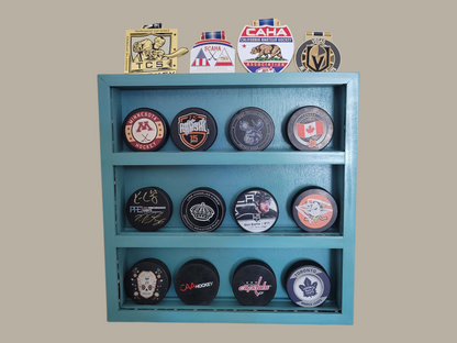 Premium Handcrafted - Hockey Puck Display Case with Medal Display, Standard Size (12 Puck)