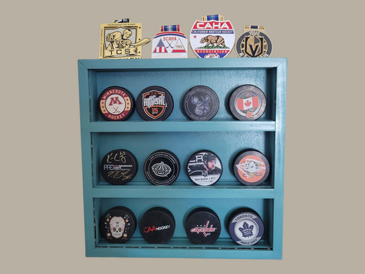 Premium Handcrafted - Hockey Puck Display Case with Medal Display, Standard Size (12 Puck)